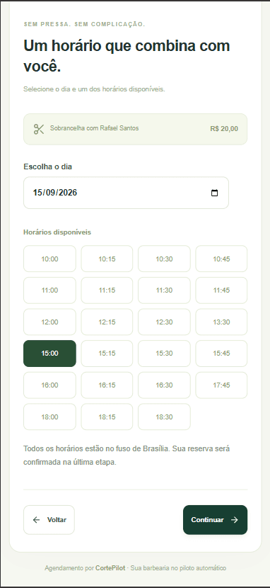 Tela real de escolha de horário no agendamento público do CortePilot